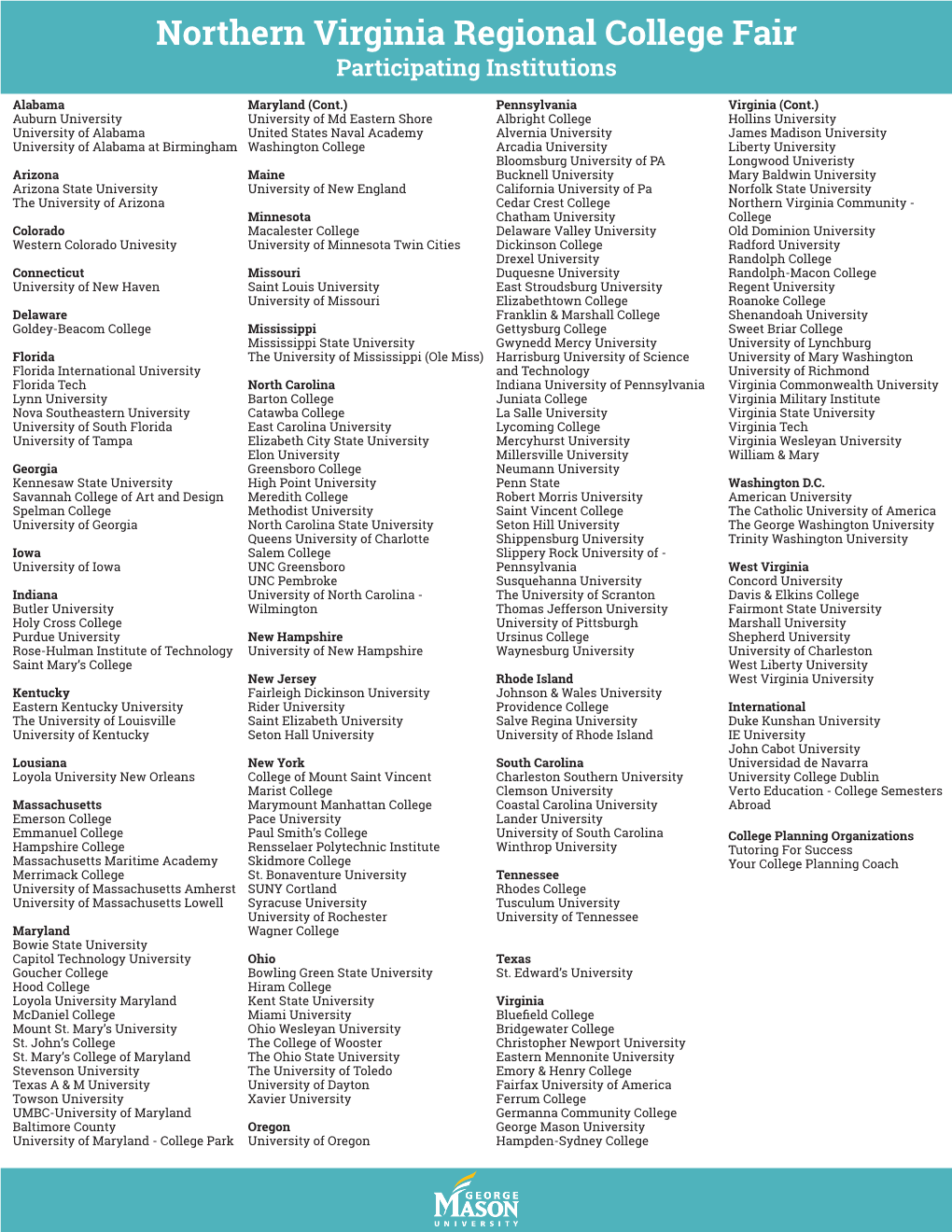 Northern Virginia Regional College Fair Participating Institutions