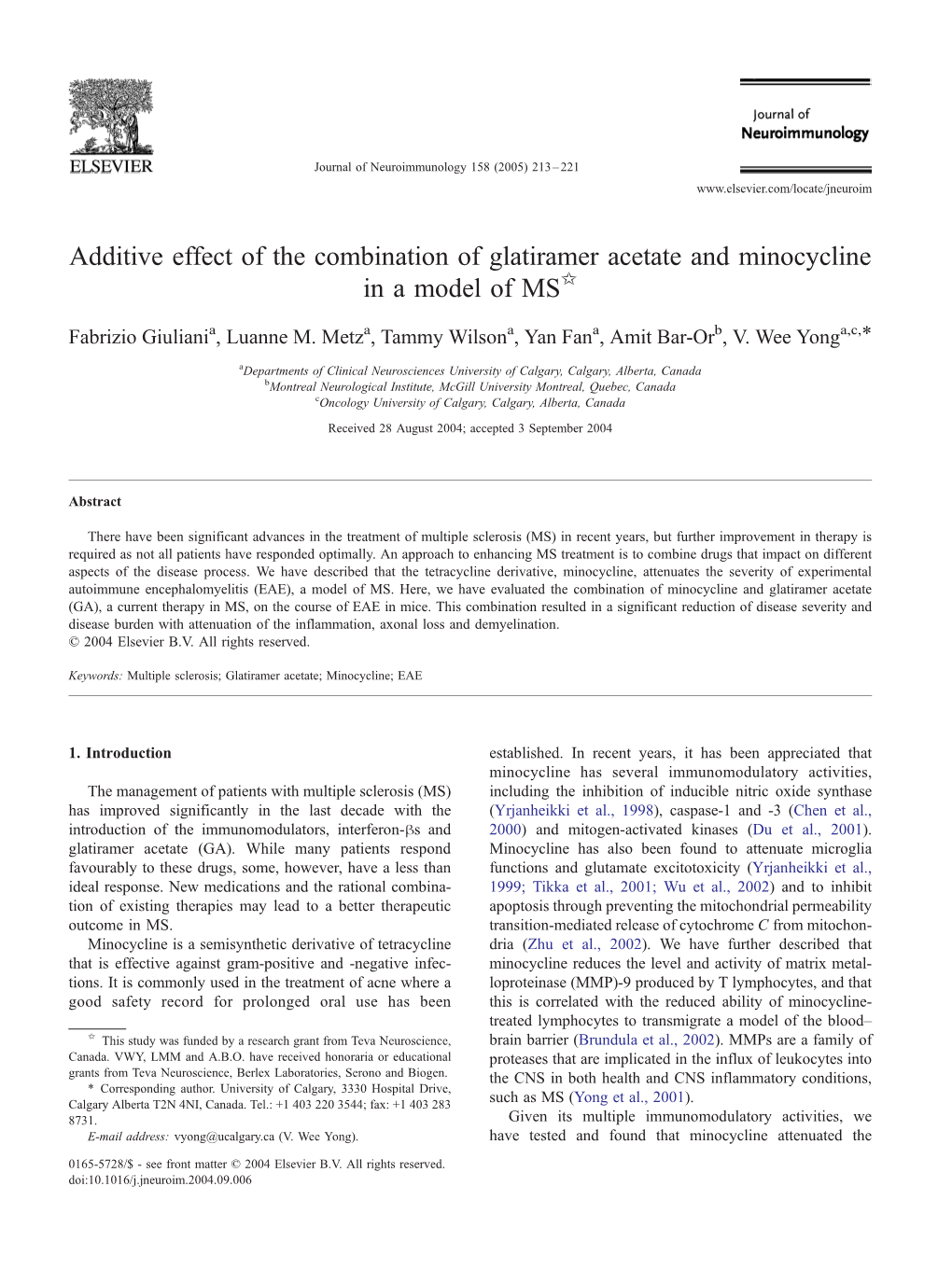 Additive Effect of the Combination of Glatiramer Acetate and Minocycline in a Model of MSB