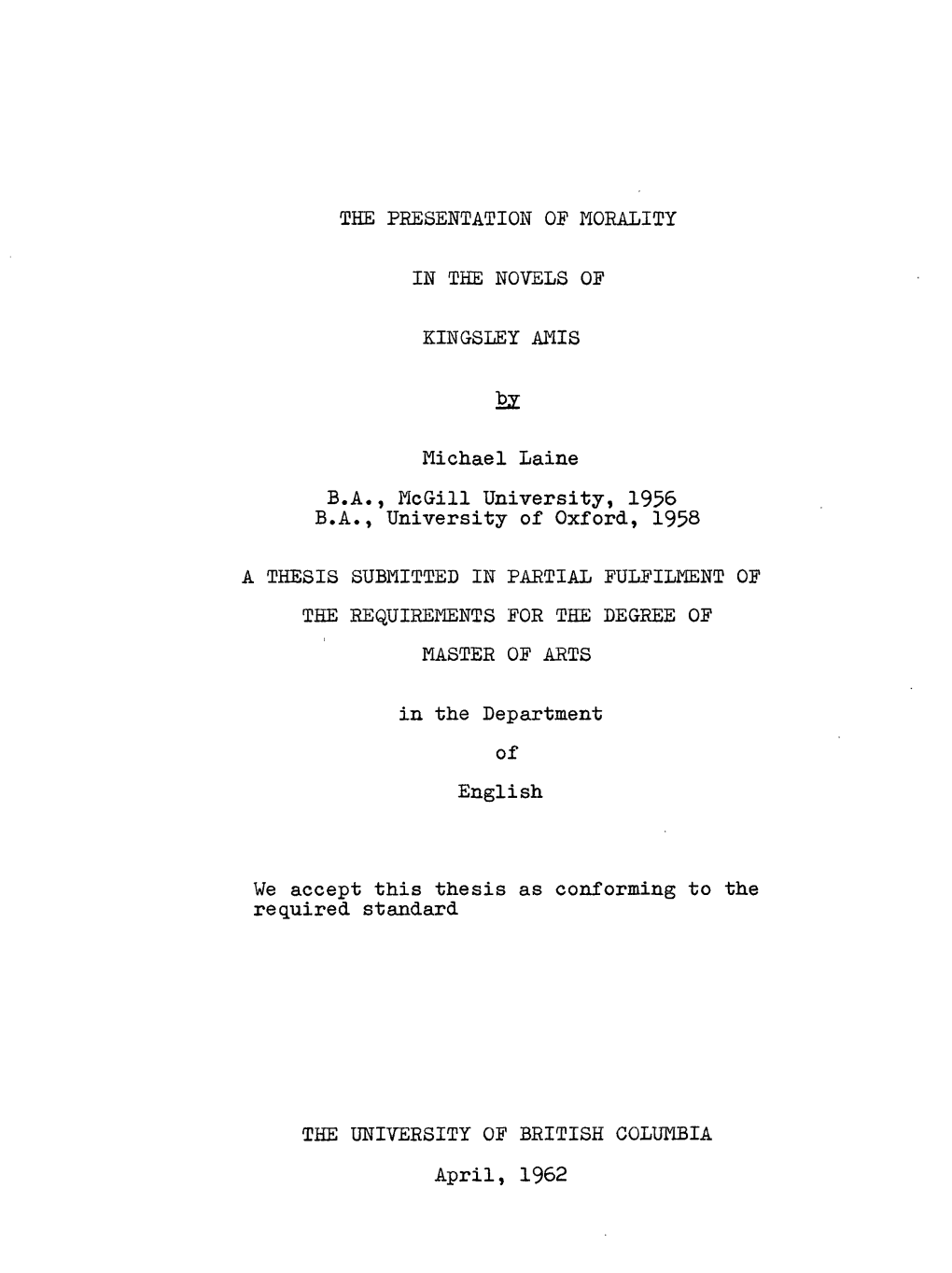 The Presentation Op Morality in the Novels of Kingsley