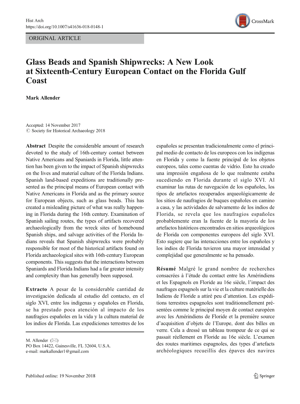 Glass Beads and Spanish Shipwrecks: a New Look at Sixteenth-Century European Contact on the Florida Gulf Coast