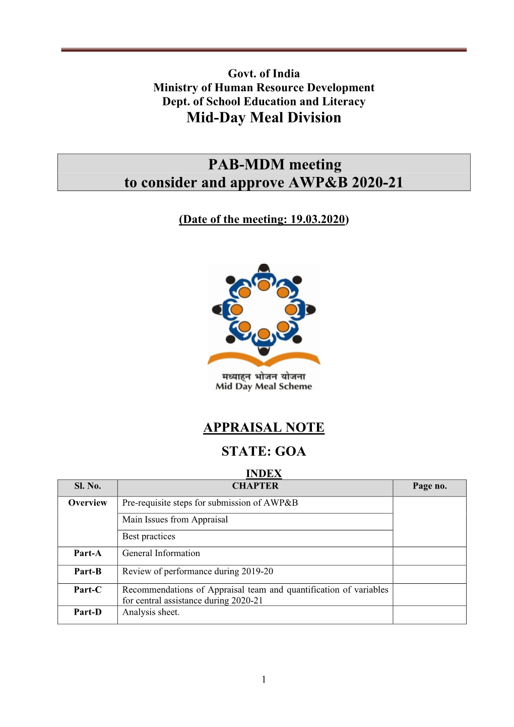 Mid-Day Meal Division PAB-MDM Meeting to Consider and Approve