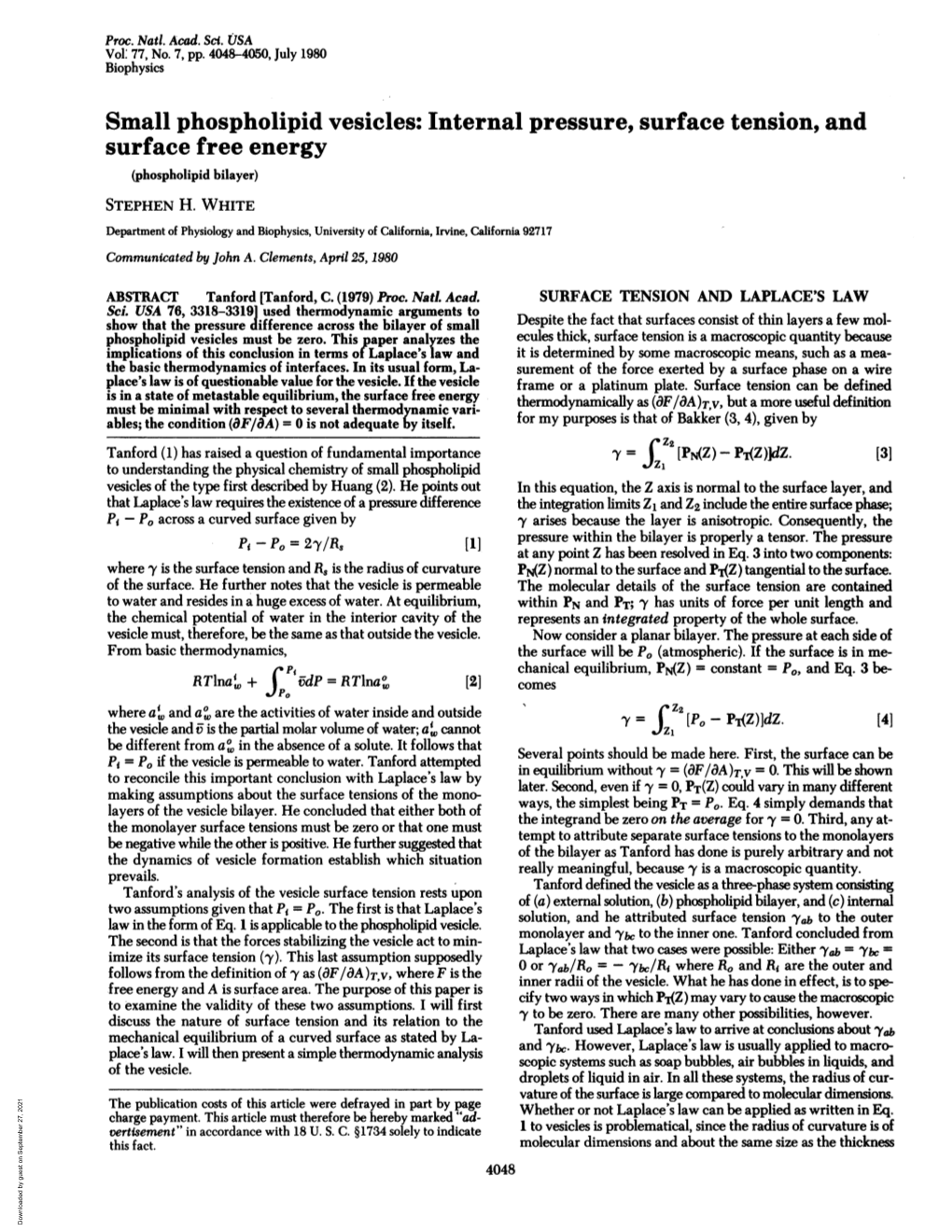 Small Phospholipid Vesicles: Internal Pressure, Surface Tension, and Surface Free Energy (Phospholipid Bilayer) STEPHEN H