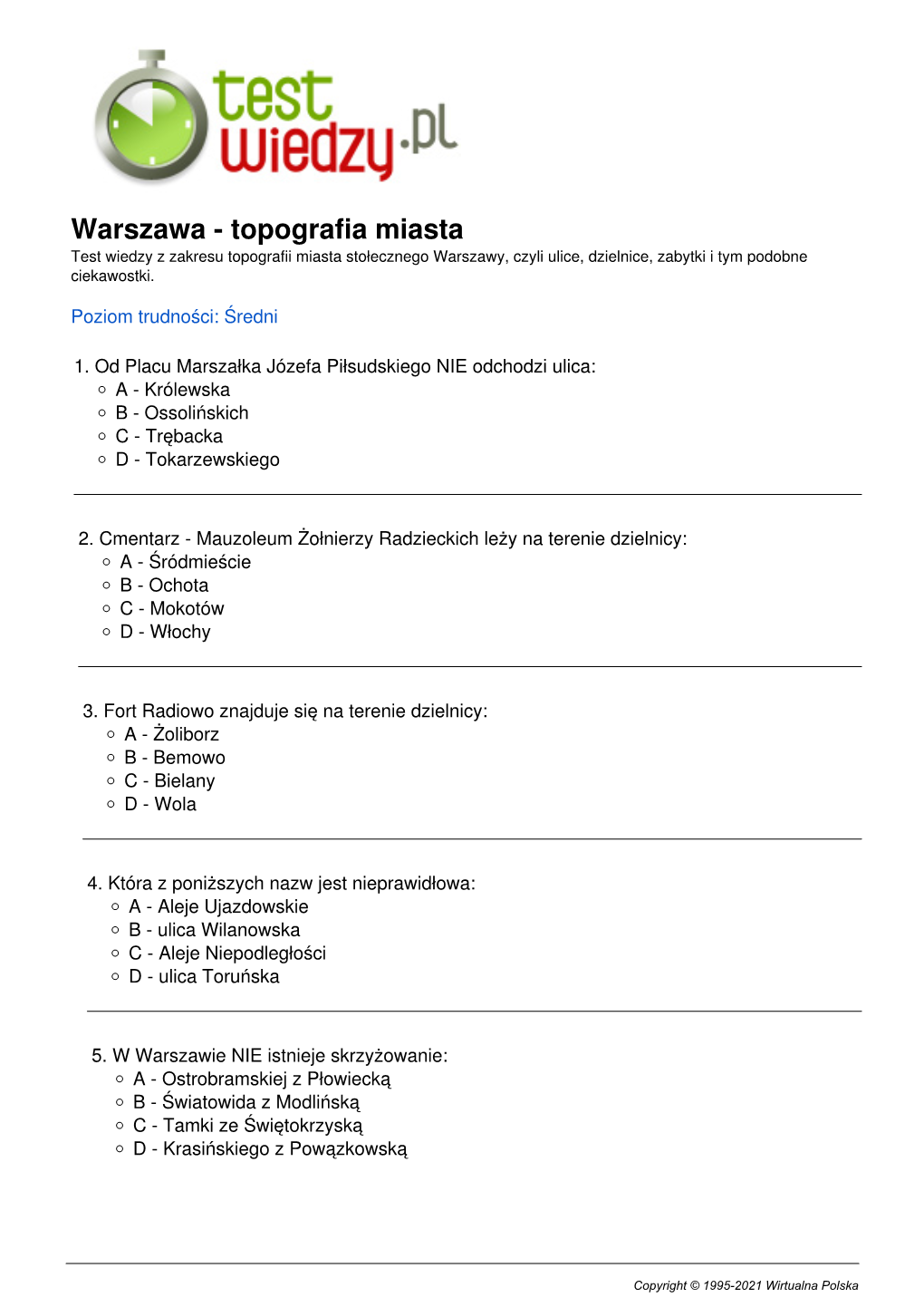 Warszawa - Topografia Miasta Test Wiedzy Z Zakresu Topografii Miasta Stołecznego Warszawy, Czyli Ulice, Dzielnice, Zabytki I Tym Podobne Ciekawostki