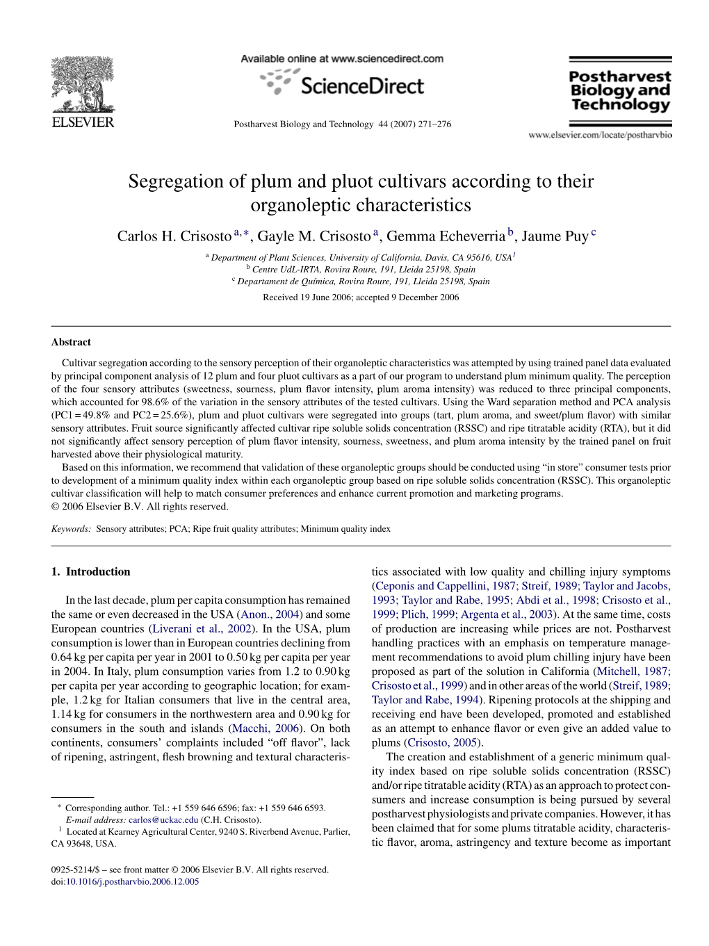 Segregation of Plum and Pluot Cultivars According to Their Organoleptic Characteristics Carlos H