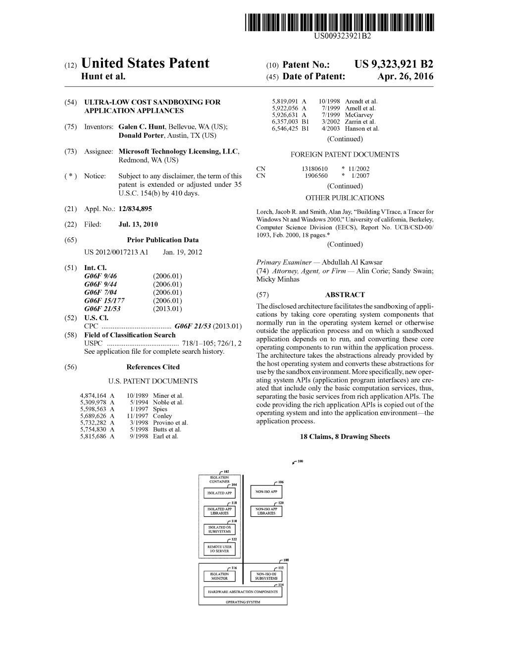 (12) United States Patent (10) Patent No.: US 9,323,921 B2 Hunt Et Al