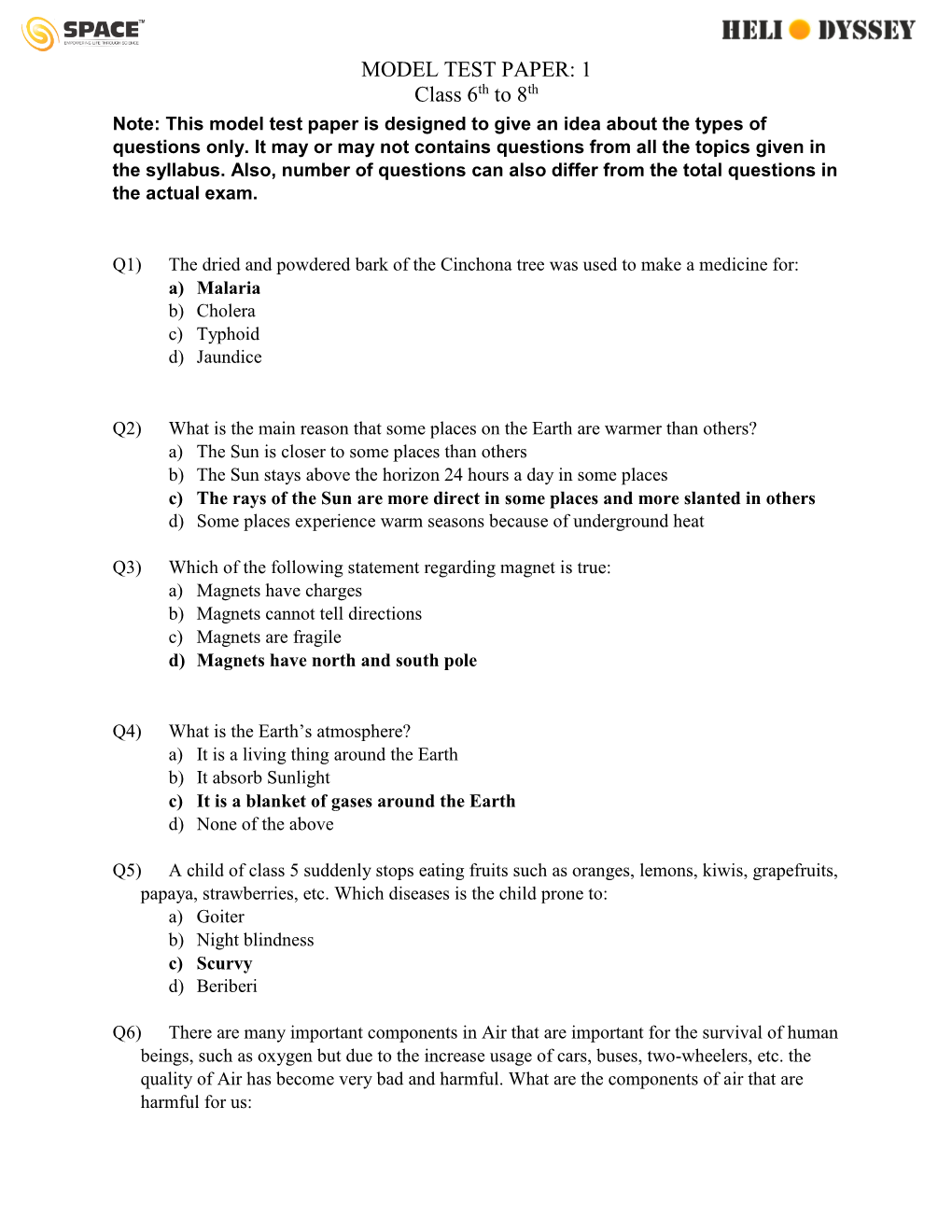 MODEL TEST PAPER: 1 Class 6Th to 8Th Note: This Model Test Paper Is Designed to Give an Idea About the Types of Questions Only
