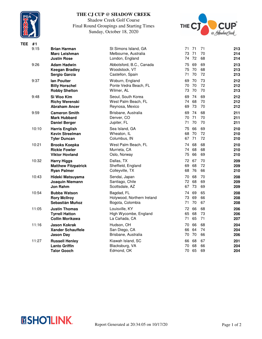 THE CJ CUP @ SHADOW CREEK Shadow Creek Golf Course Final Round Groupings and Starting Times Sunday, October 18, 2020