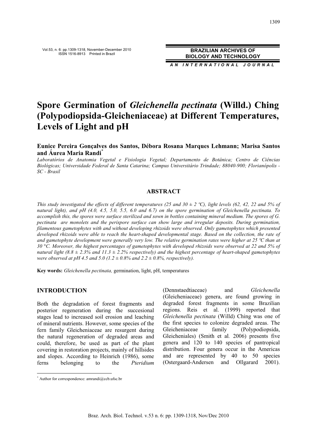 Spore Germination of Gleichenella Pectinata (Willd.) Ching (Polypodiopsida-Gleicheniaceae) at Different Temperatures, Levels of Light and Ph