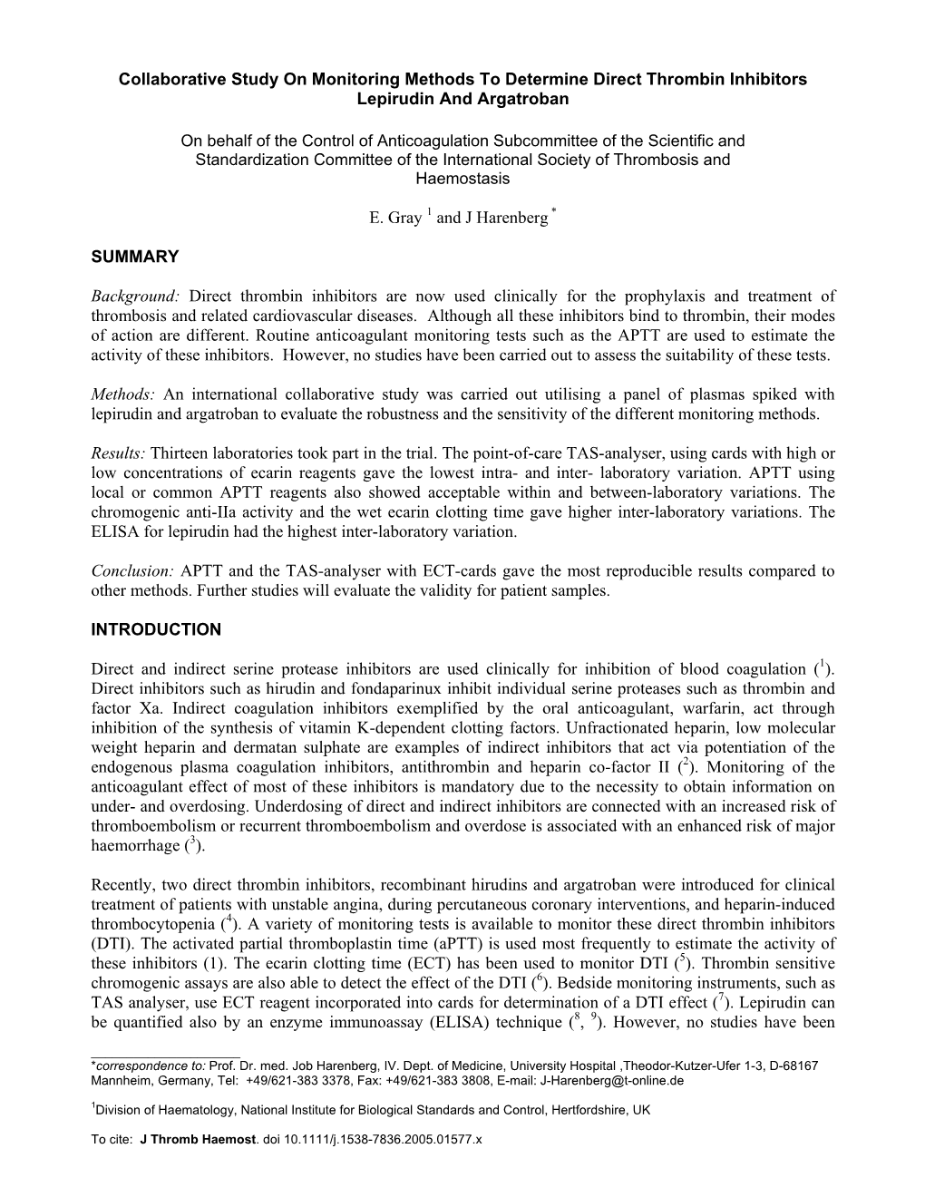 Collaborative Study on Monitoring Methods to Determine Direct Thrombin Inhibitors Lepirudin and Argatroban