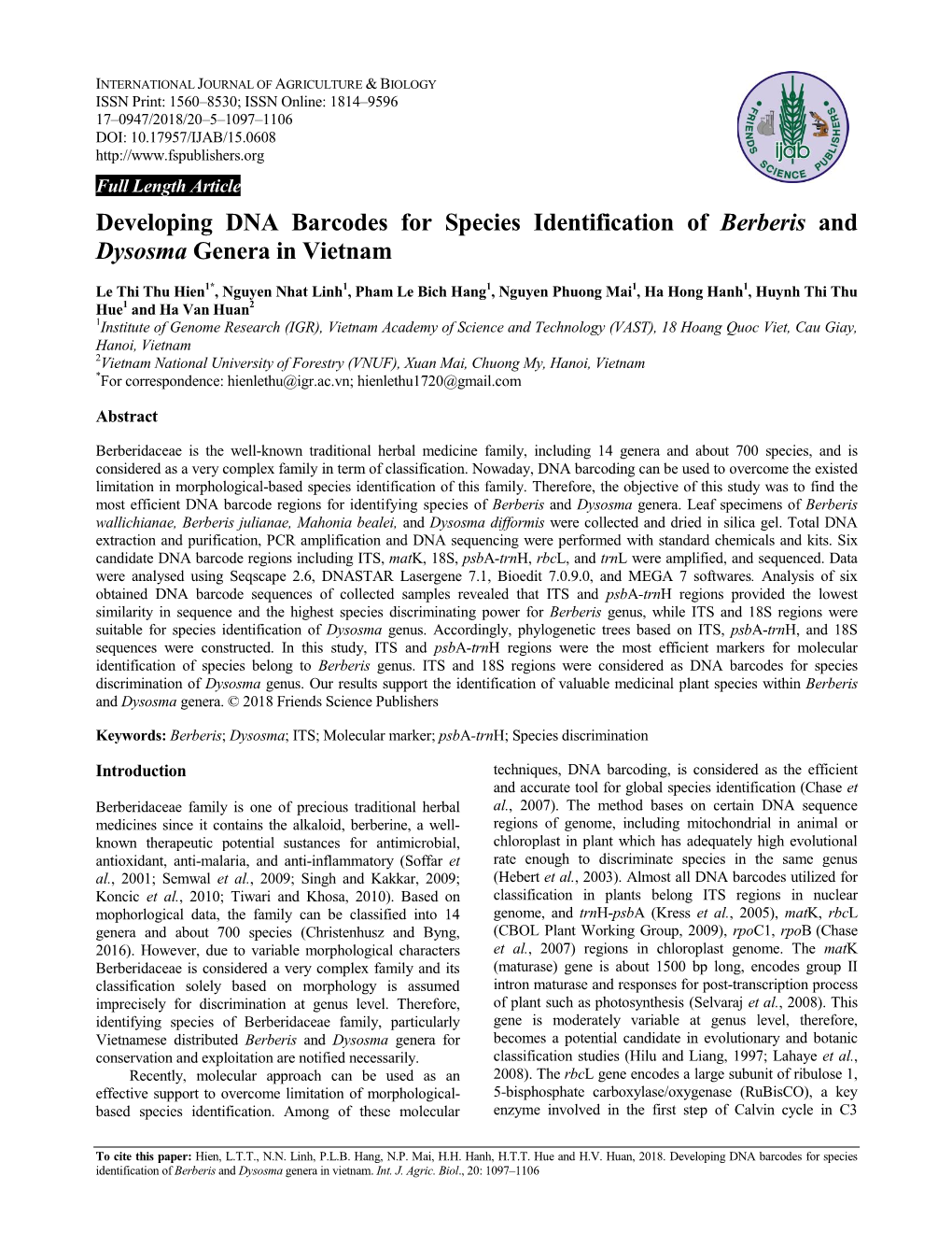 Developing DNA Barcodes for Species Identification of Berberis and Dysosma Genera in Vietnam