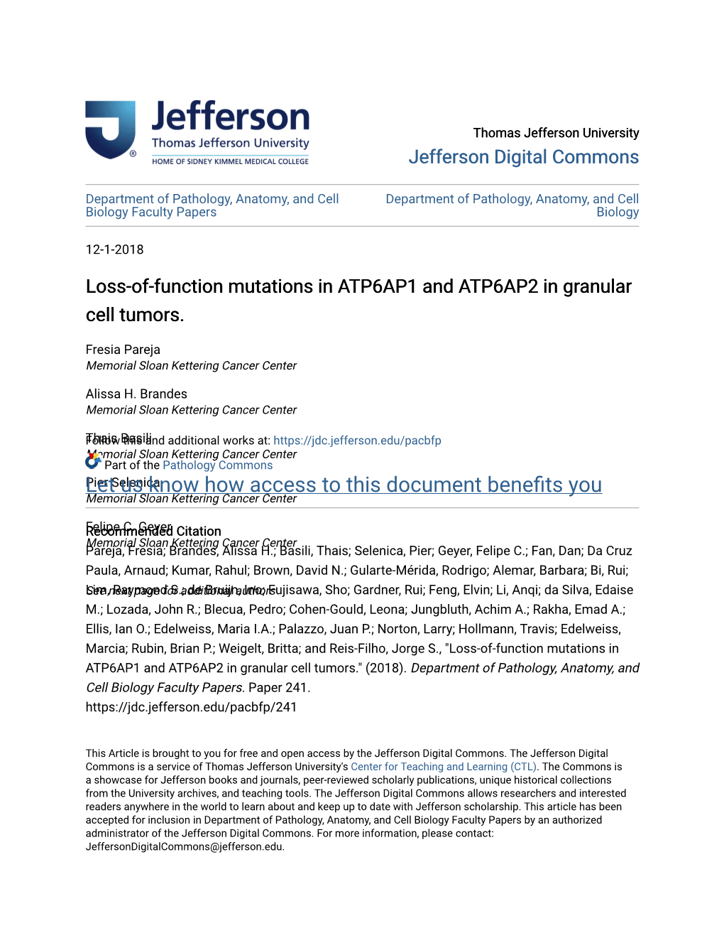 Loss-Of-Function Mutations in ATP6AP1 and ATP6AP2 in Granular Cell Tumors