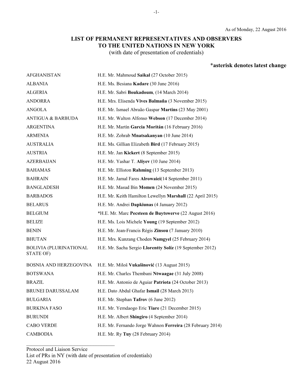 PERMANENT REPRESENTATIVES and OBSERVERS to the UNITED NATIONS in NEW YORK (With Date of Presentation of Credentials)