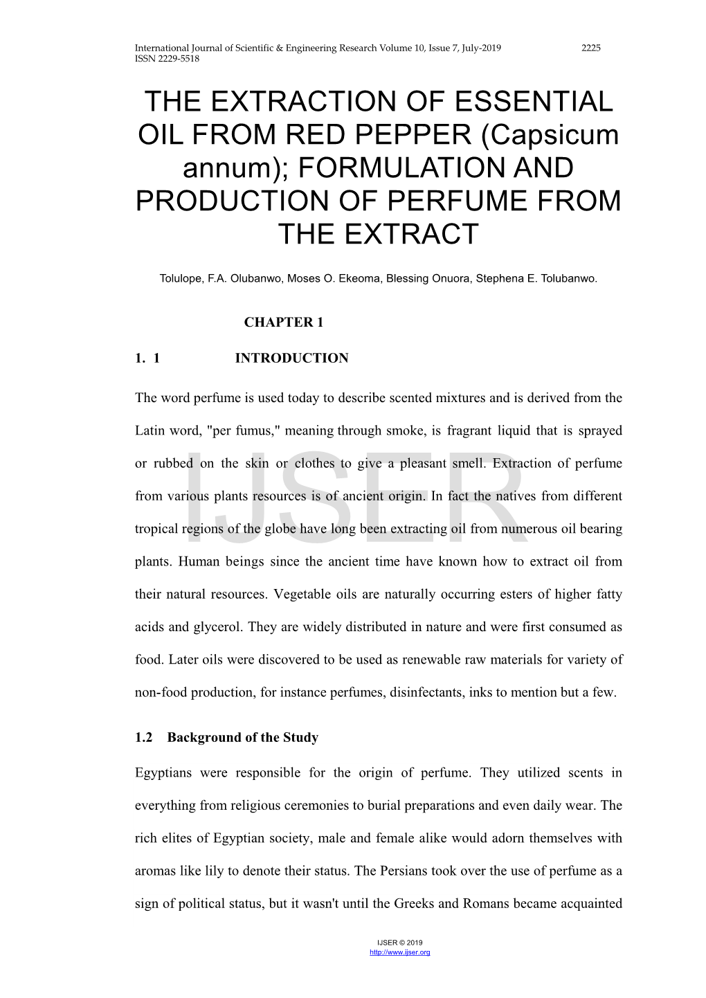 THE EXTRACTION of ESSENTIAL OIL from RED PEPPER (Capsicum Annum); FORMULATION and PRODUCTION of PERFUME from the EXTRACT