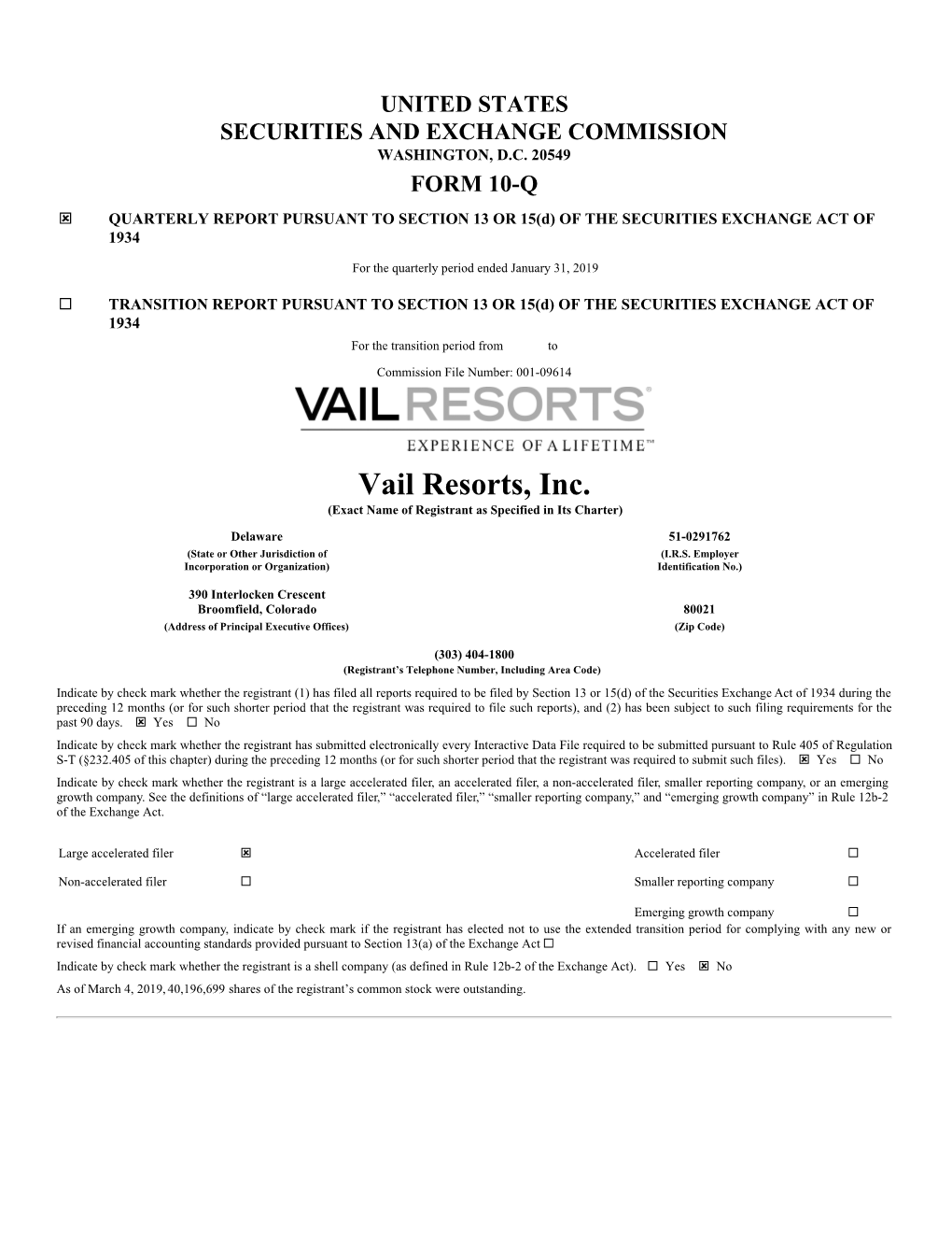 Vail Resorts, Inc. (Exact Name of Registrant As Specified in Its Charter)