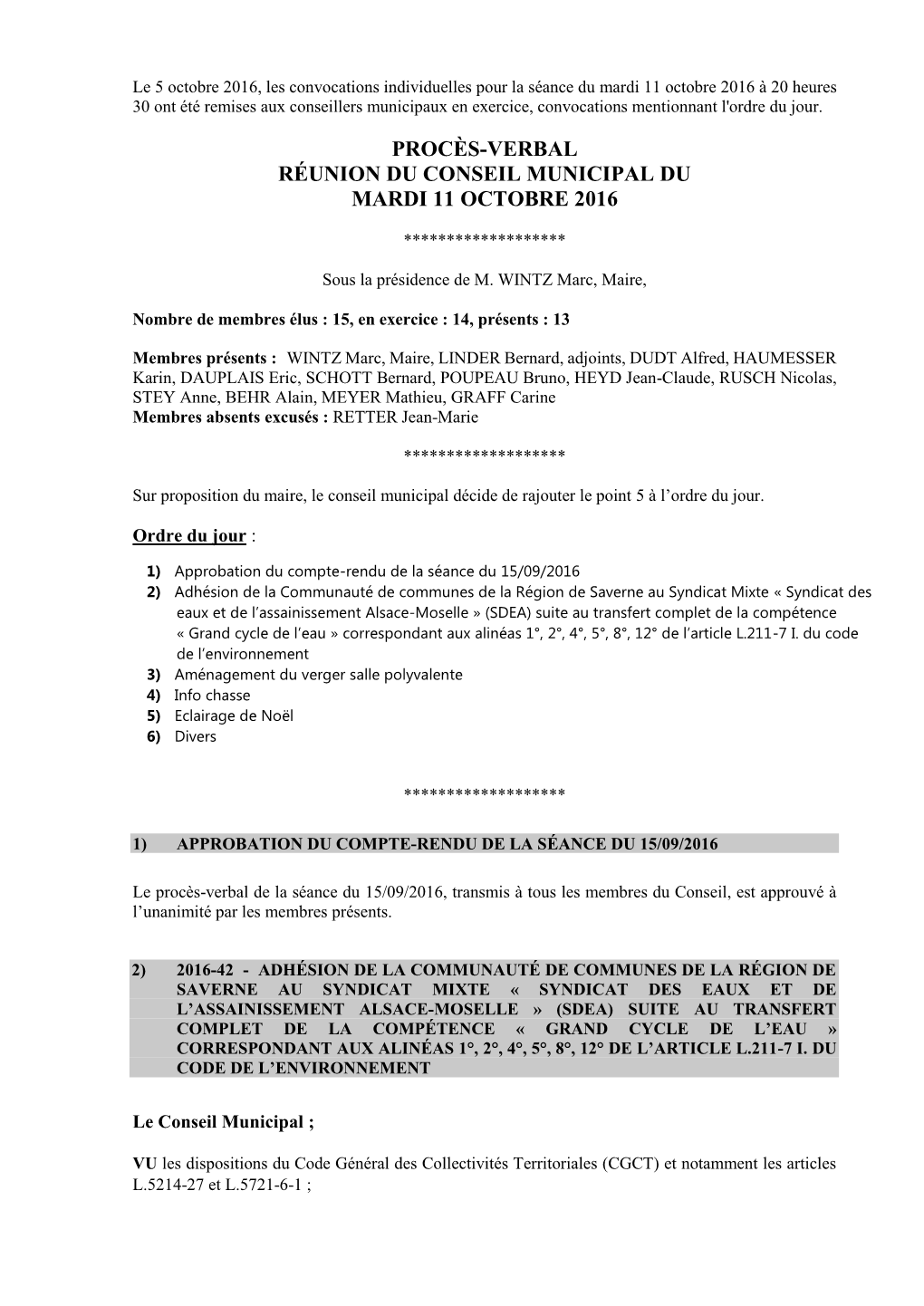 Procès-Verbal Réunion Du Conseil Municipal Du Mardi 11 Octobre 2016