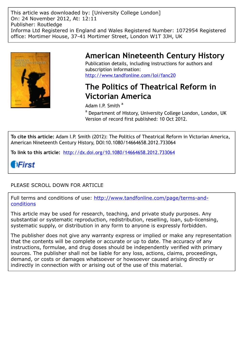 The Politics of Theatrical Reform in Victorian America Adam I.P