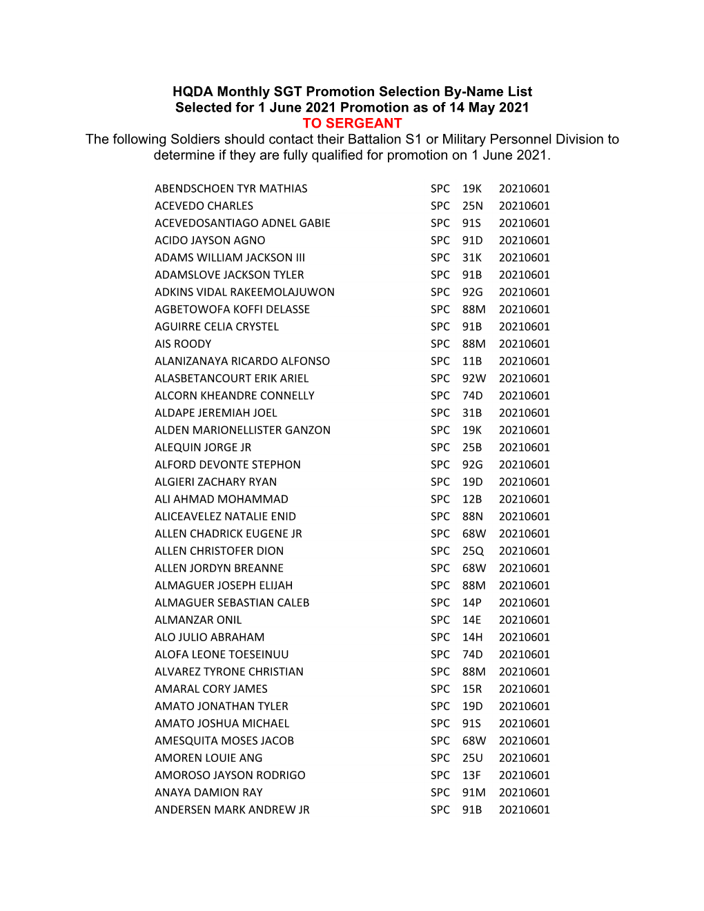 HQDA Monthly SGT Promotion Selection By-Name List Selected For