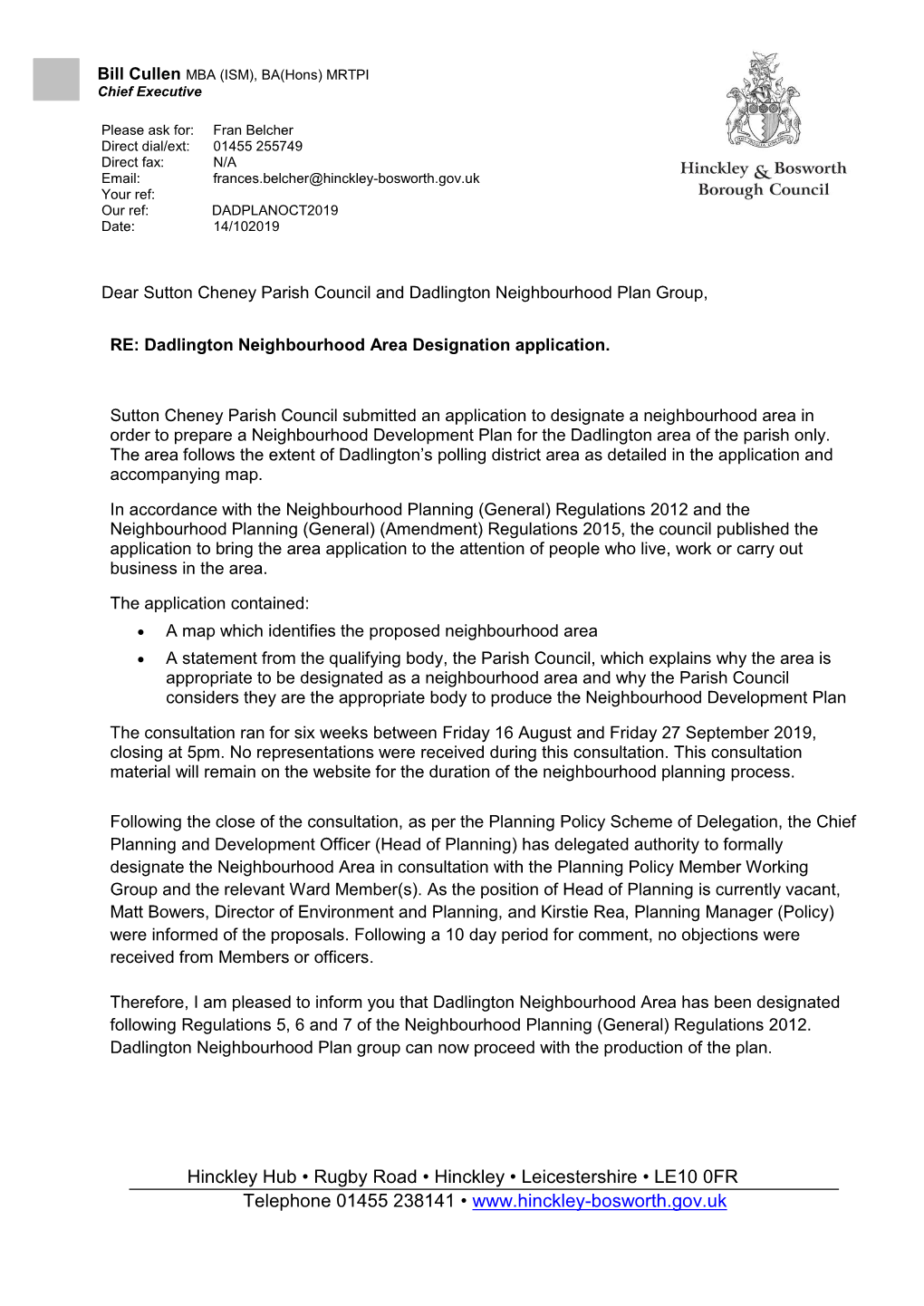 Dadlington Neighbourhood Area Designation Confirmation from HBBC