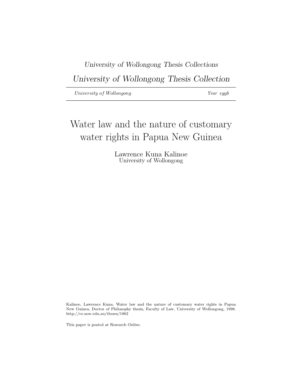 Water Law and the Nature of Customary Water Rights in Papua New Guinea