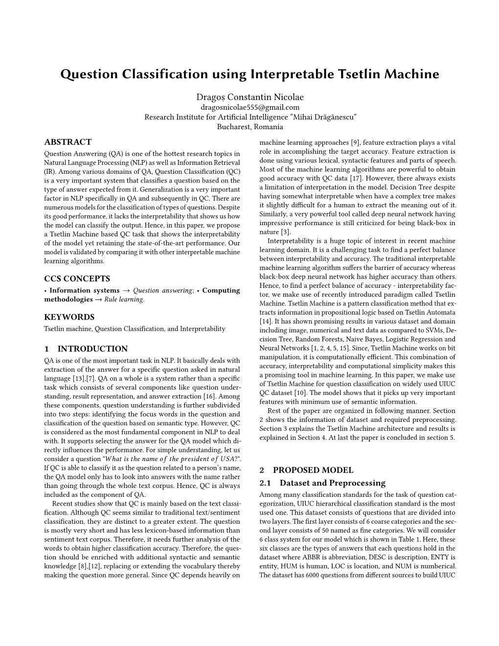 Question Classification Using Interpretable Tsetlin Machine