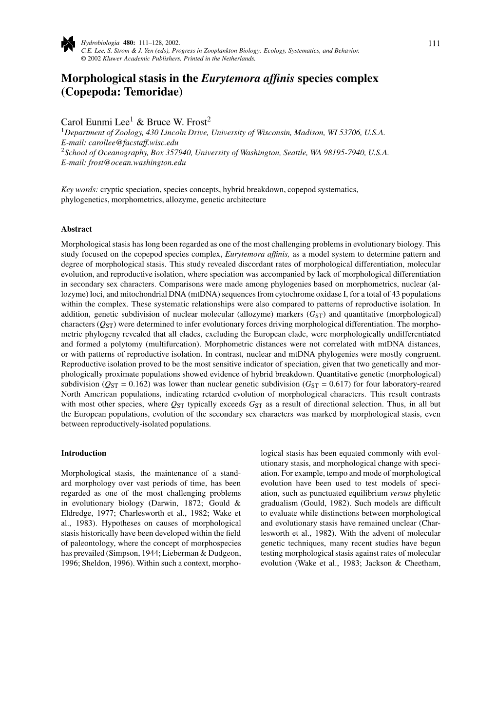 Morphological Stasis in the Eurytemora Affinis