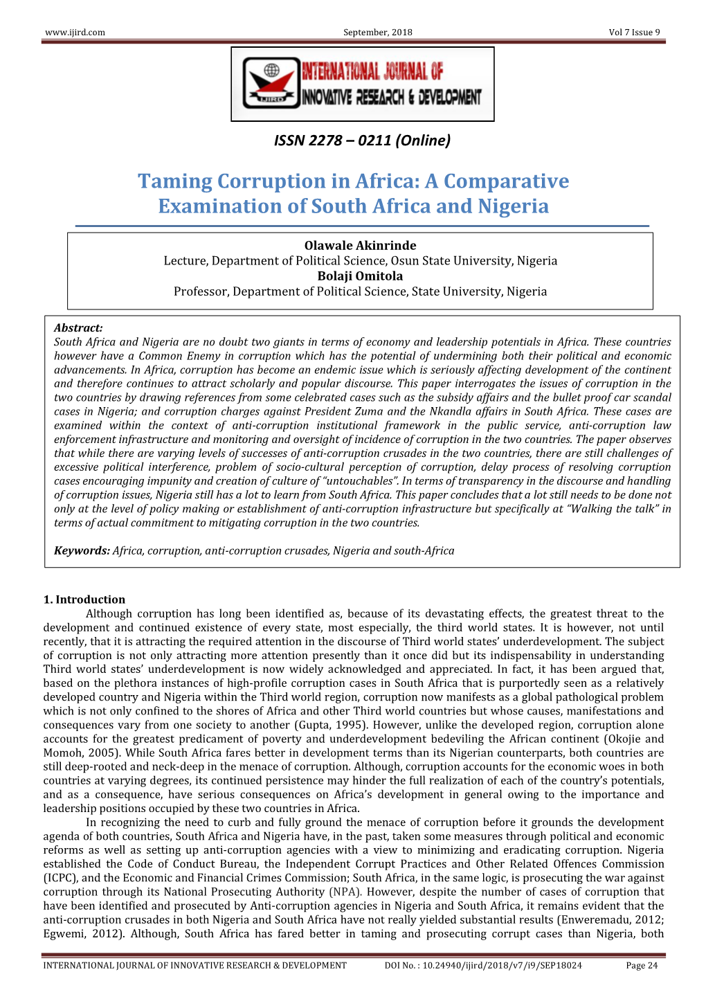 Taming Corruption in Africa: a Comparative Examination of South Africa and Nigeria