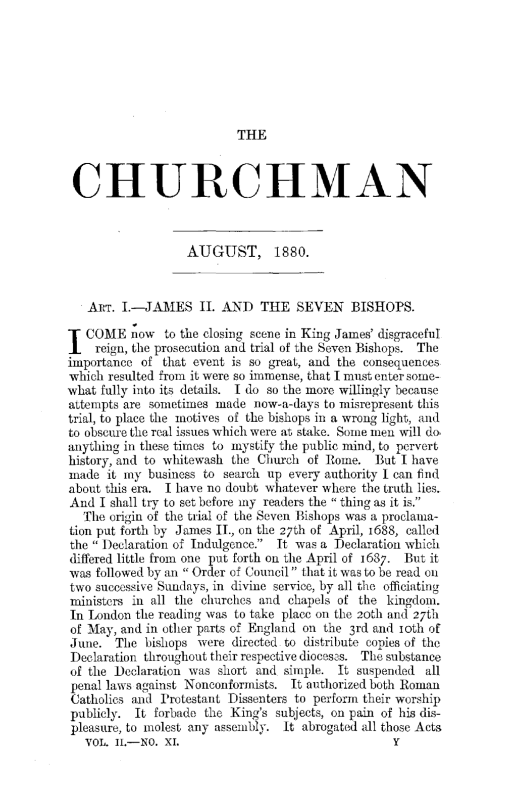 "James II, and the Seven Bishops," the Churchman