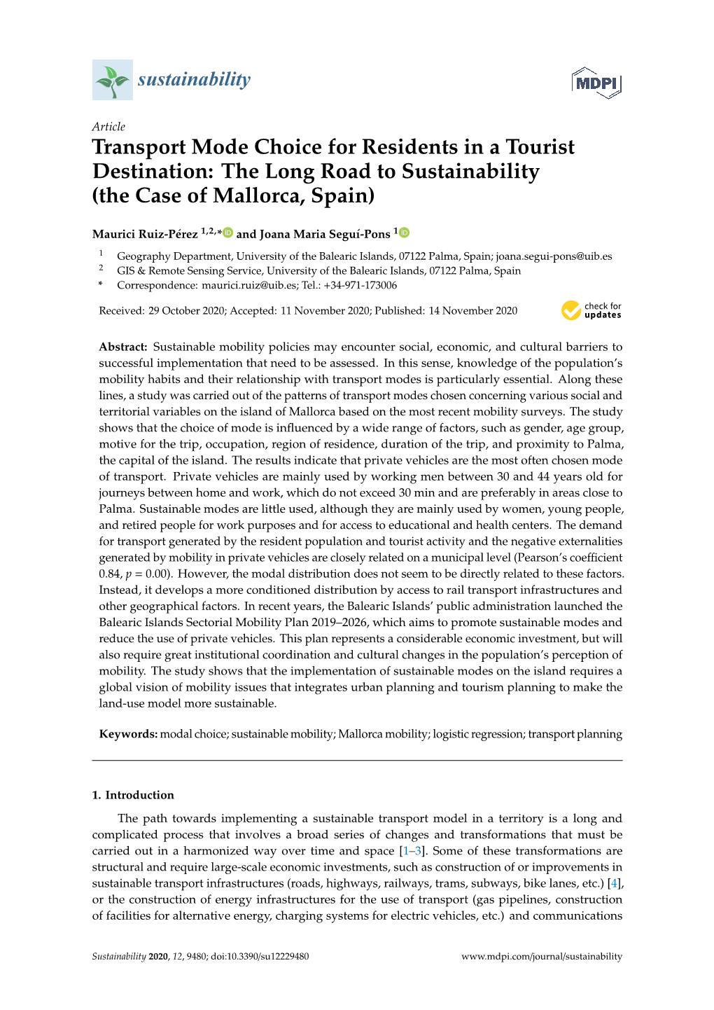 Transport Mode Choice for Residents in a Tourist Destination: the Long Road to Sustainability (The Case of Mallorca, Spain)
