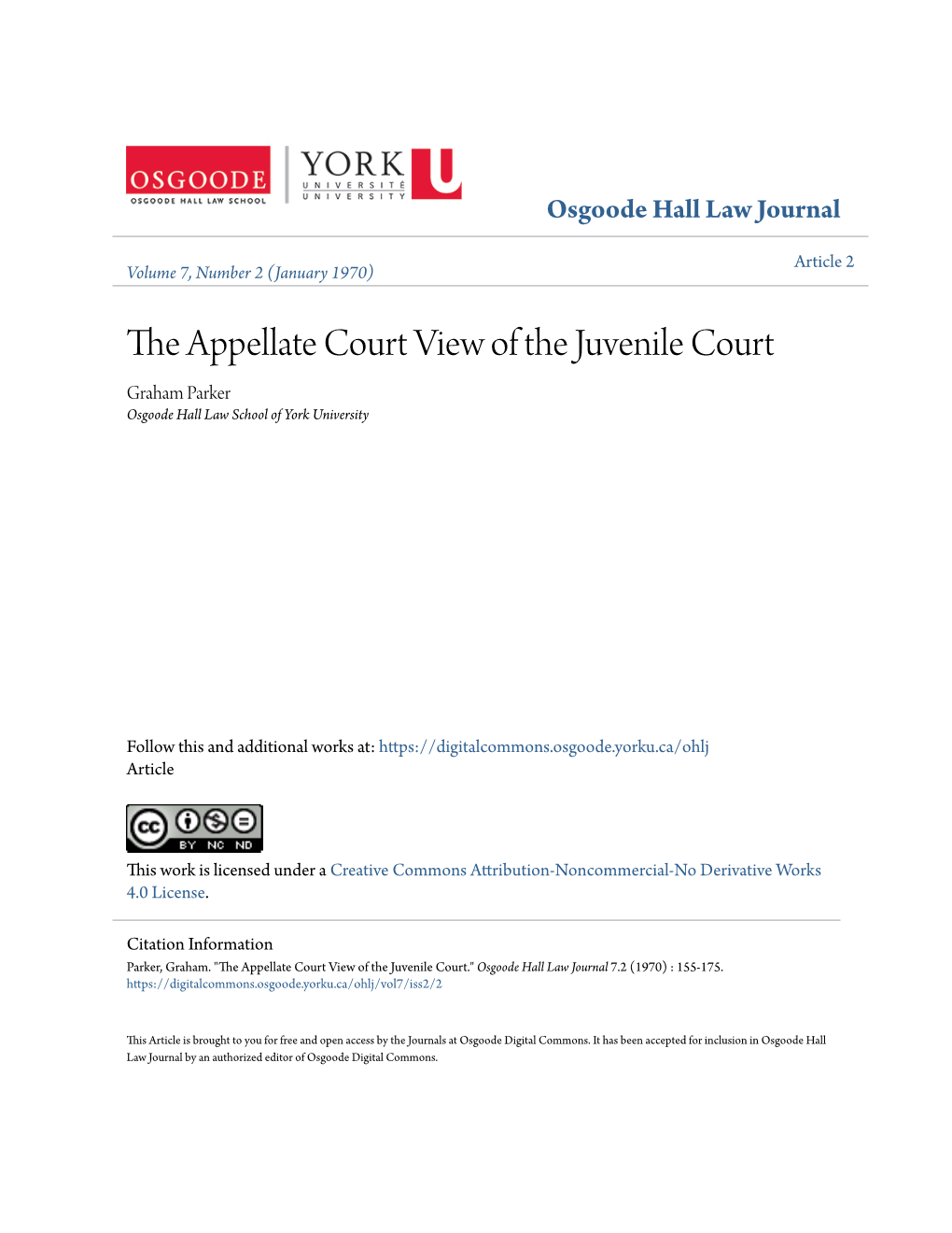 The Appellate Court View of the Juvenile Court Graham Parker Osgoode Hall Law School of York University