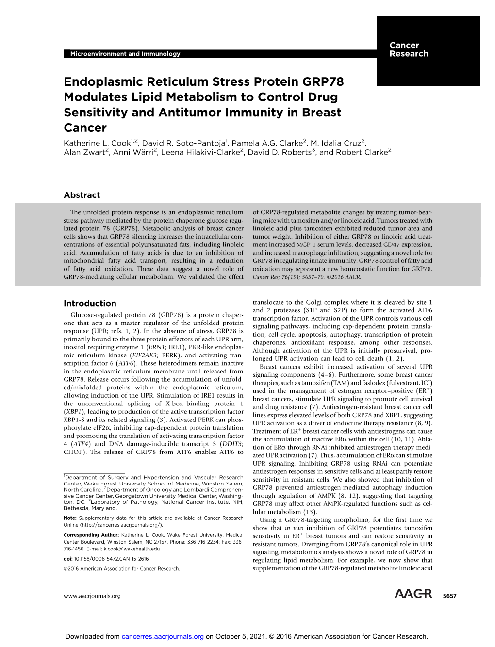 Endoplasmic Reticulum Stress Protein GRP78 Modulates Lipid Metabolism to Control Drug Sensitivity and Antitumor Immunity in Breast Cancer Katherine L