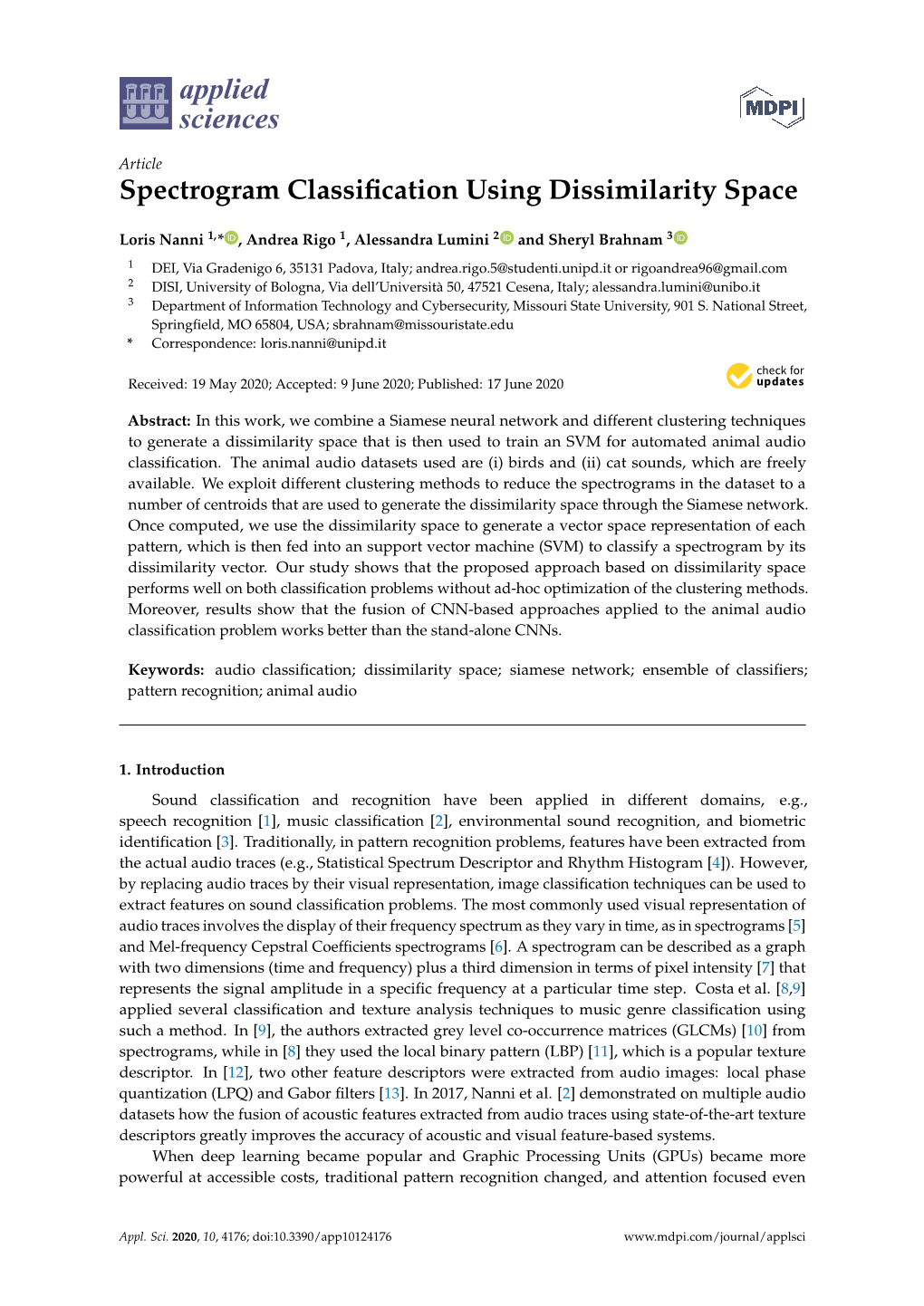 Spectrogram Classification Using Dissimilarity Space