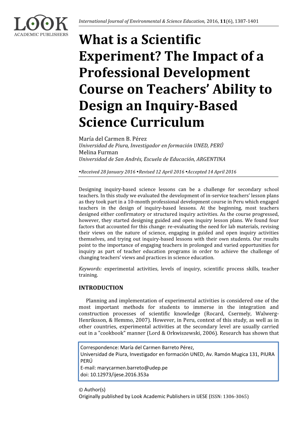 What Is a Scientific Experiment? the Impact of a Professional Development Course on Teachers’ Ability to Design an Inquiry-Based Science Curriculum