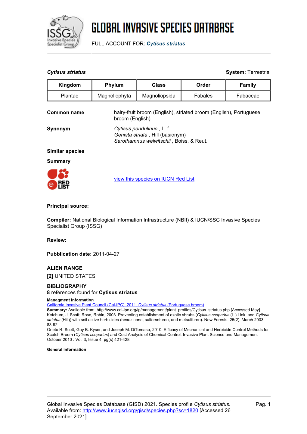 Cytisus Striatus Global Invasive Species Database (GISD)