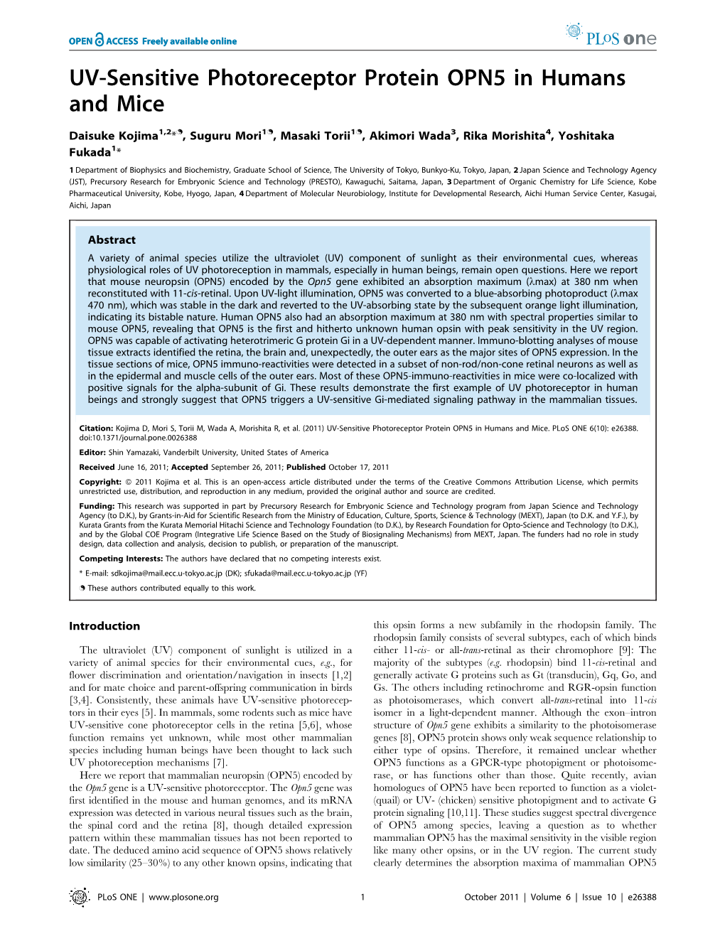 UV-Sensitive Photoreceptor Protein OPN5 in Humans and Mice