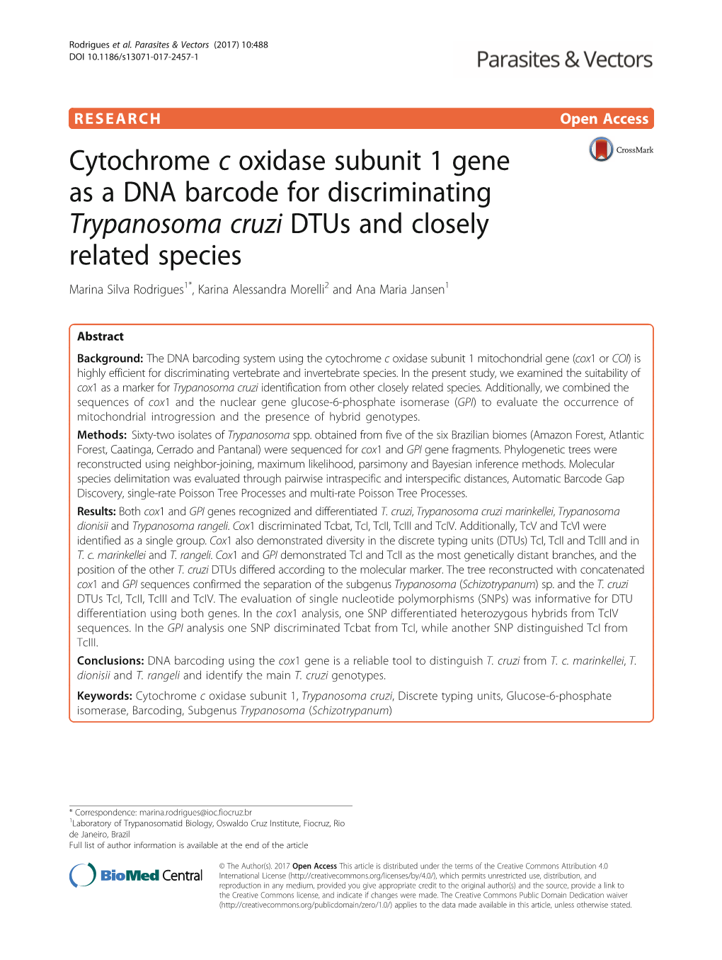 Cytochrome C Oxidase Subunit 1 Gene As a DNA Barcode for Discriminating Trypanosoma Cruzi Dtus and Closely Related Species