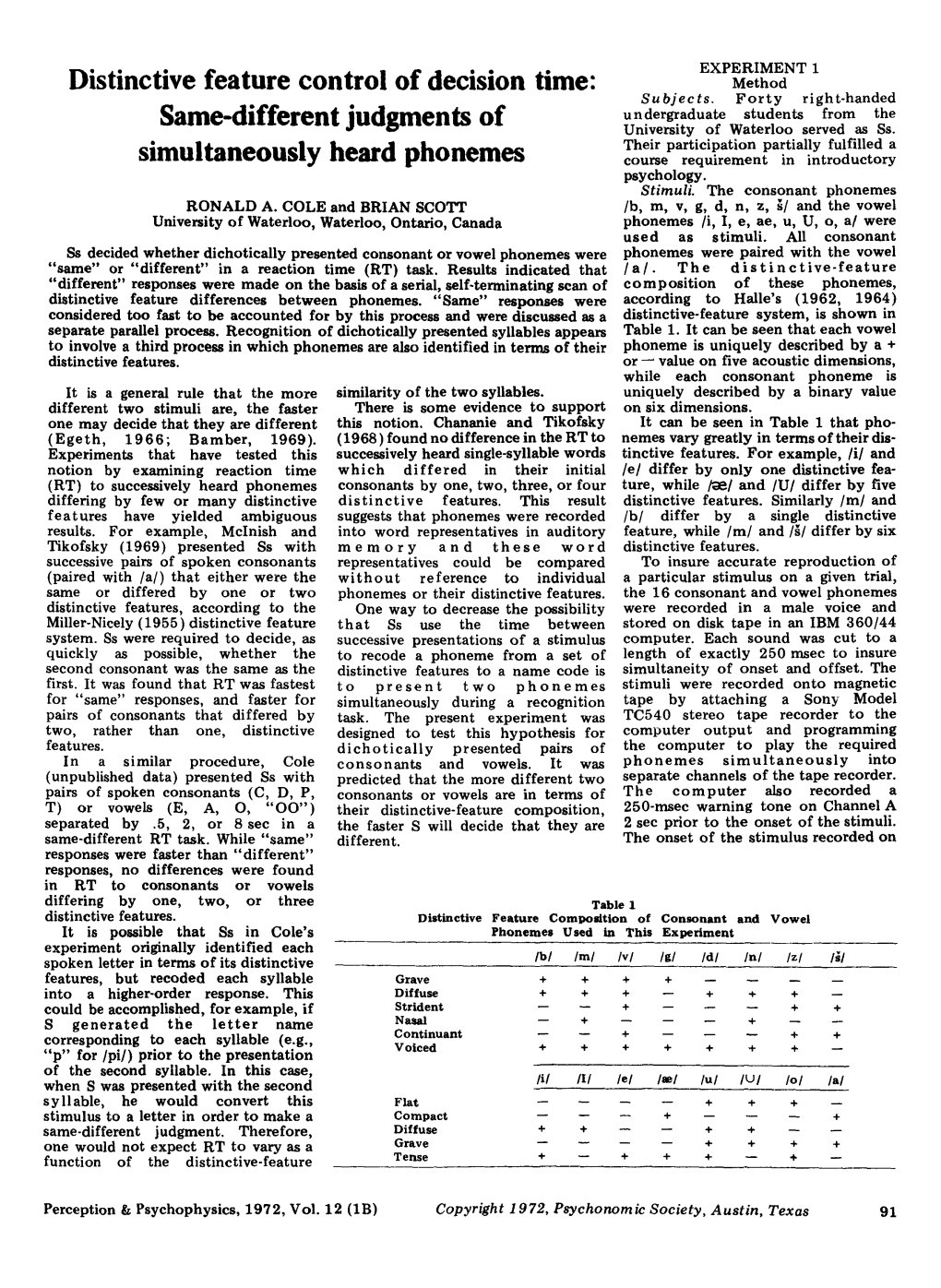 Distinctive Feature Control of Decision Time: Same-Different Judgments Of