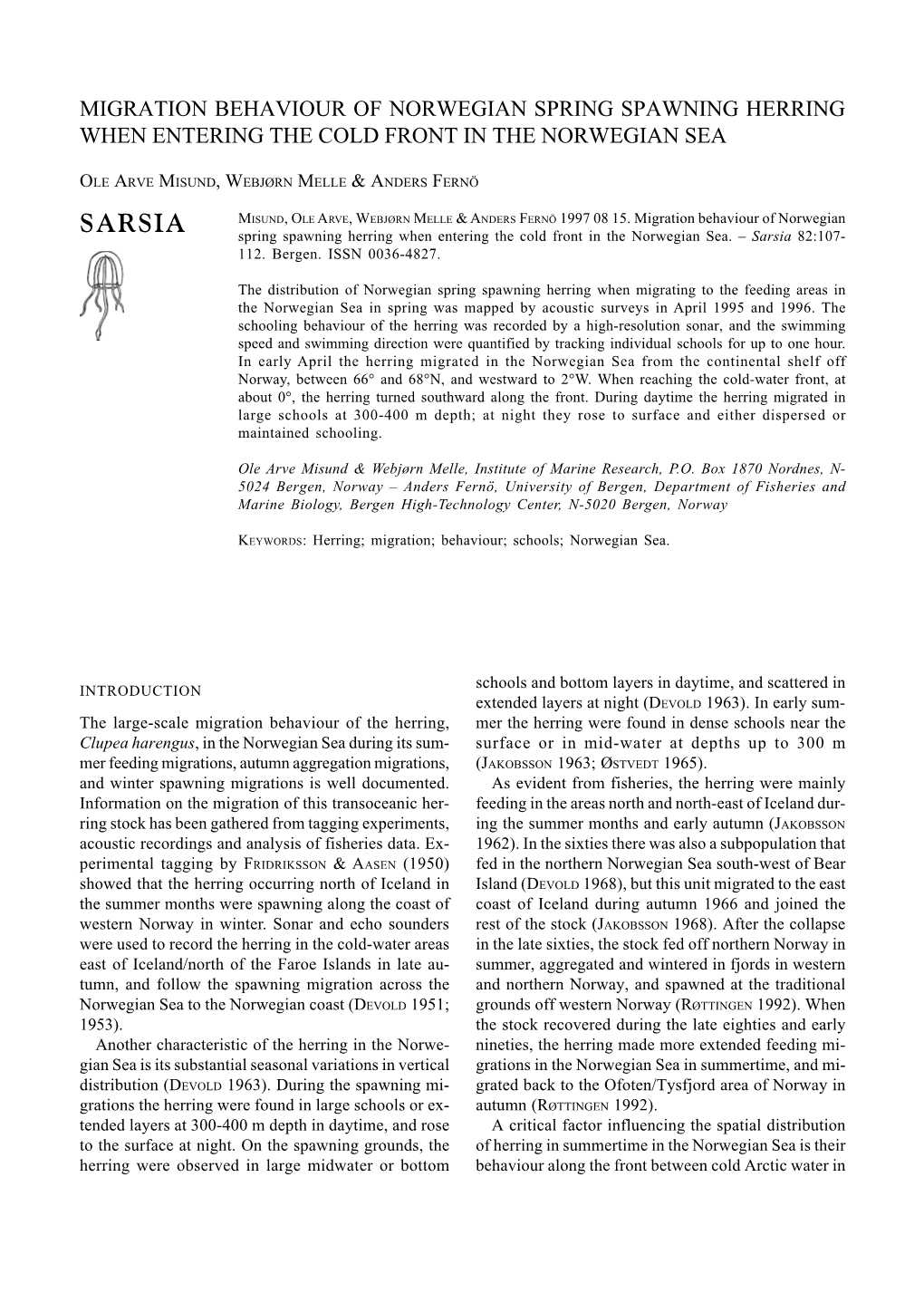 SARSIA Spring Spawning Herring When Entering the Cold Front in the Norwegian Sea