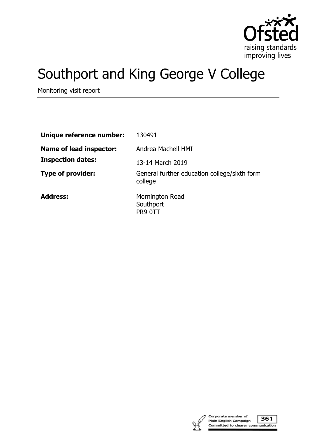 Southport and King George V College Monitoring Visit Report