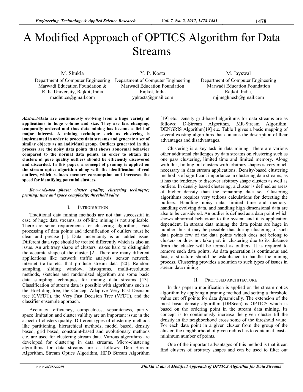 A Modified Approach of OPTICS Algorithm for Data Streams