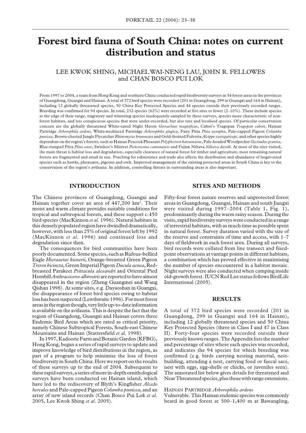 Forest Bird Fauna of South China: Notes on Current Distribution and Status