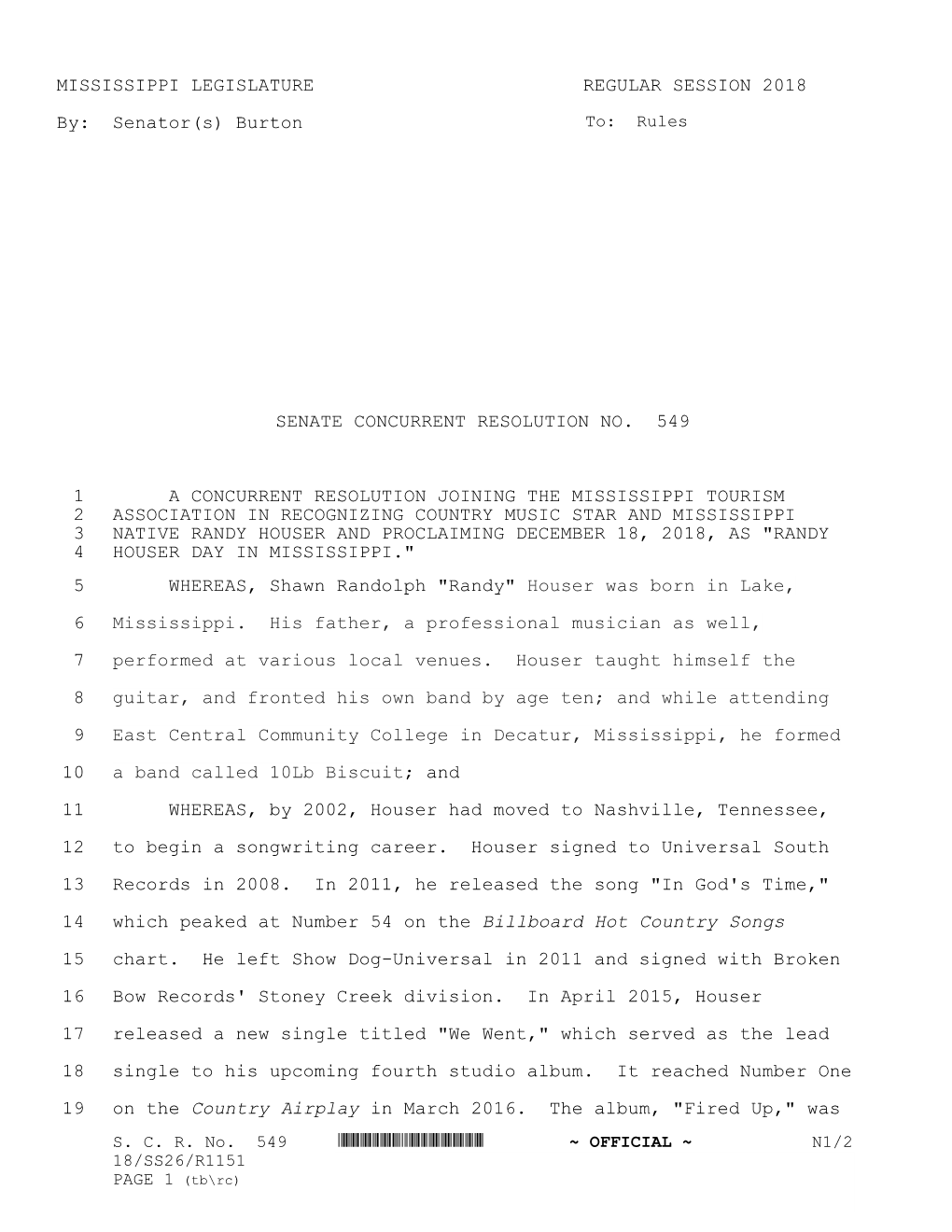 MISSISSIPPI LEGISLATURE REGULAR SESSION 2018 By