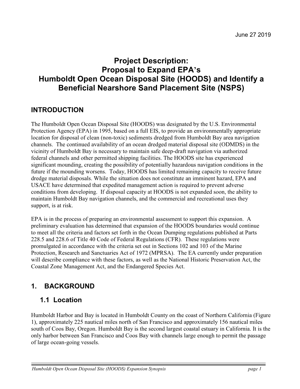 Humboldt Open Ocean Disposal Site (HOODS) Expansion Synopsis Page 1