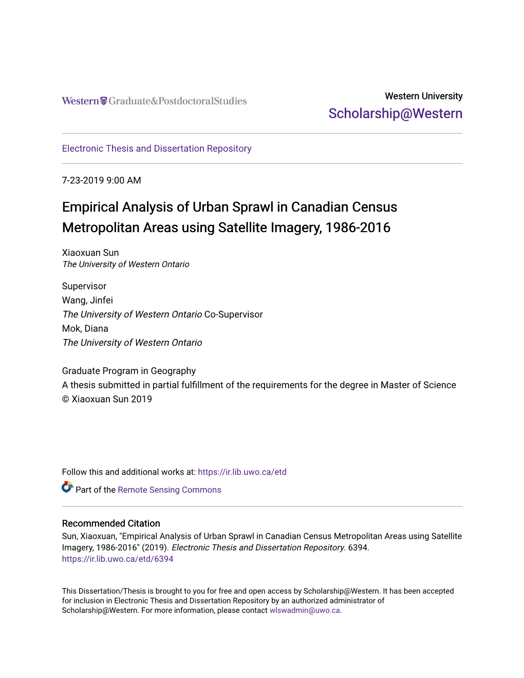 Empirical Analysis of Urban Sprawl in Canadian Census Metropolitan Areas Using Satellite Imagery, 1986-2016