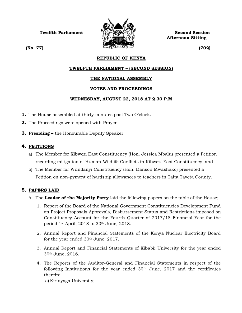 Twelfth Parliament Second Session Afternoon Sitting (No. 77) (702)