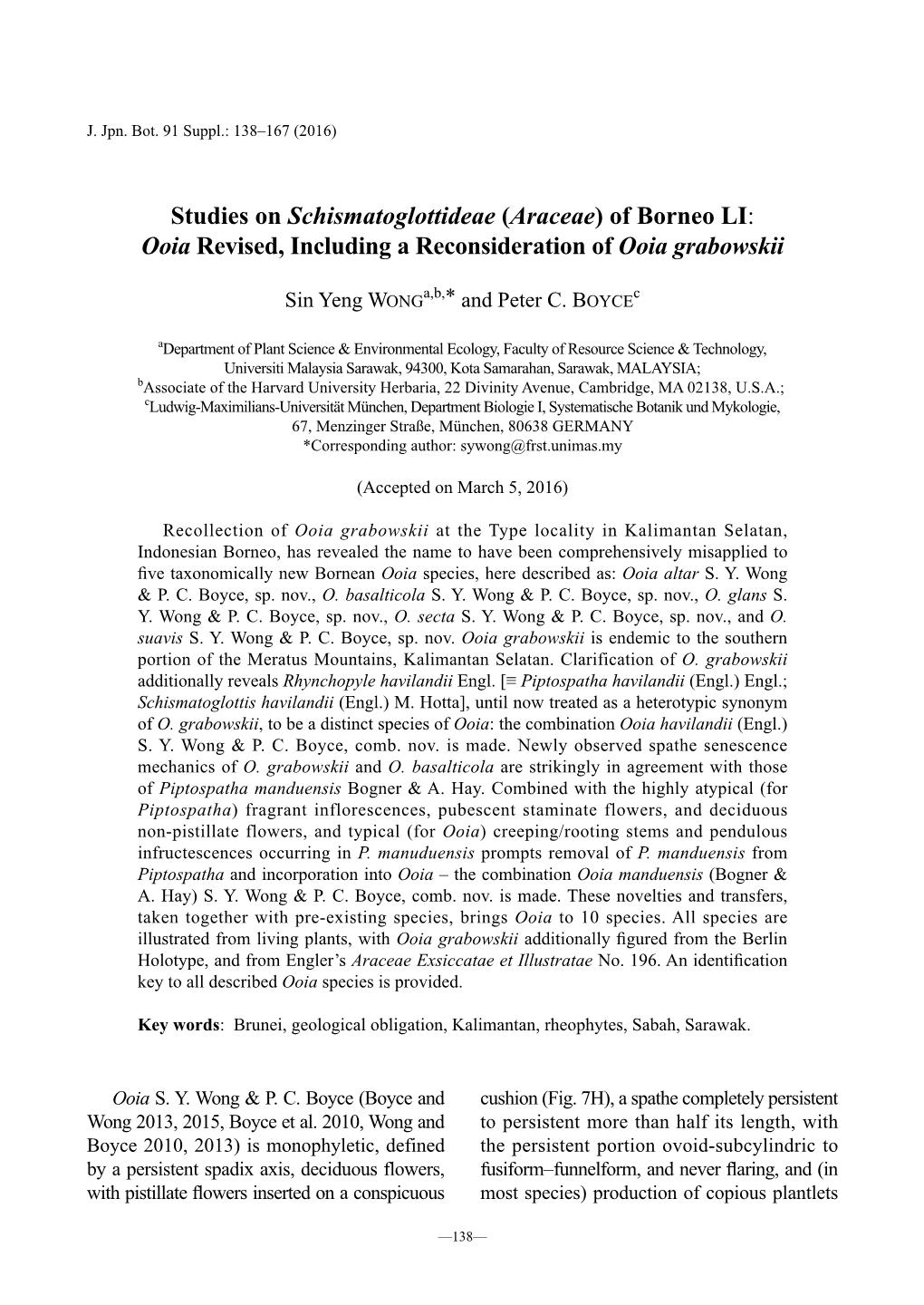 Studies on Schismatoglottideae (Araceae) of Borneo LI: Ooia Revised, Including a Reconsideration of Ooia Grabowskii