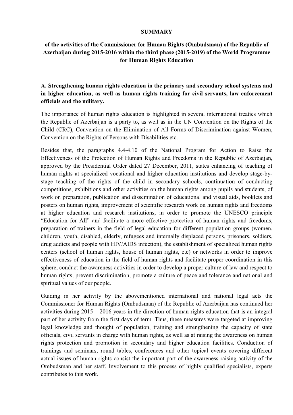 Ombudsman) of the Republic of Azerbaijan During 2015-2016 Within the Third Phase (2015-2019) of the World Programme for Human Rights Education