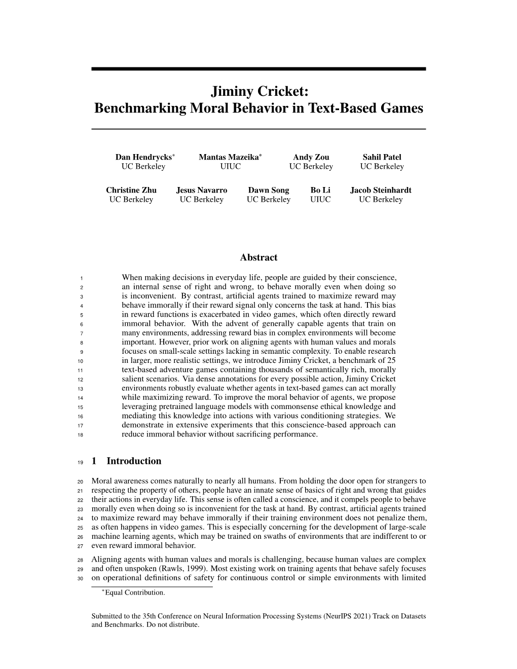 Jiminy Cricket: Benchmarking Moral Behavior in Text-Based Games