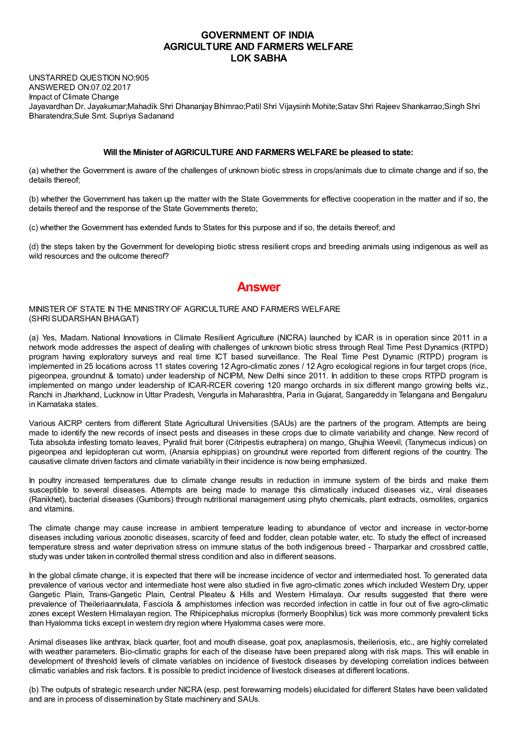 ANSWERED ON:07.02.2017 Impact of Climate Change Jayavardhan Dr