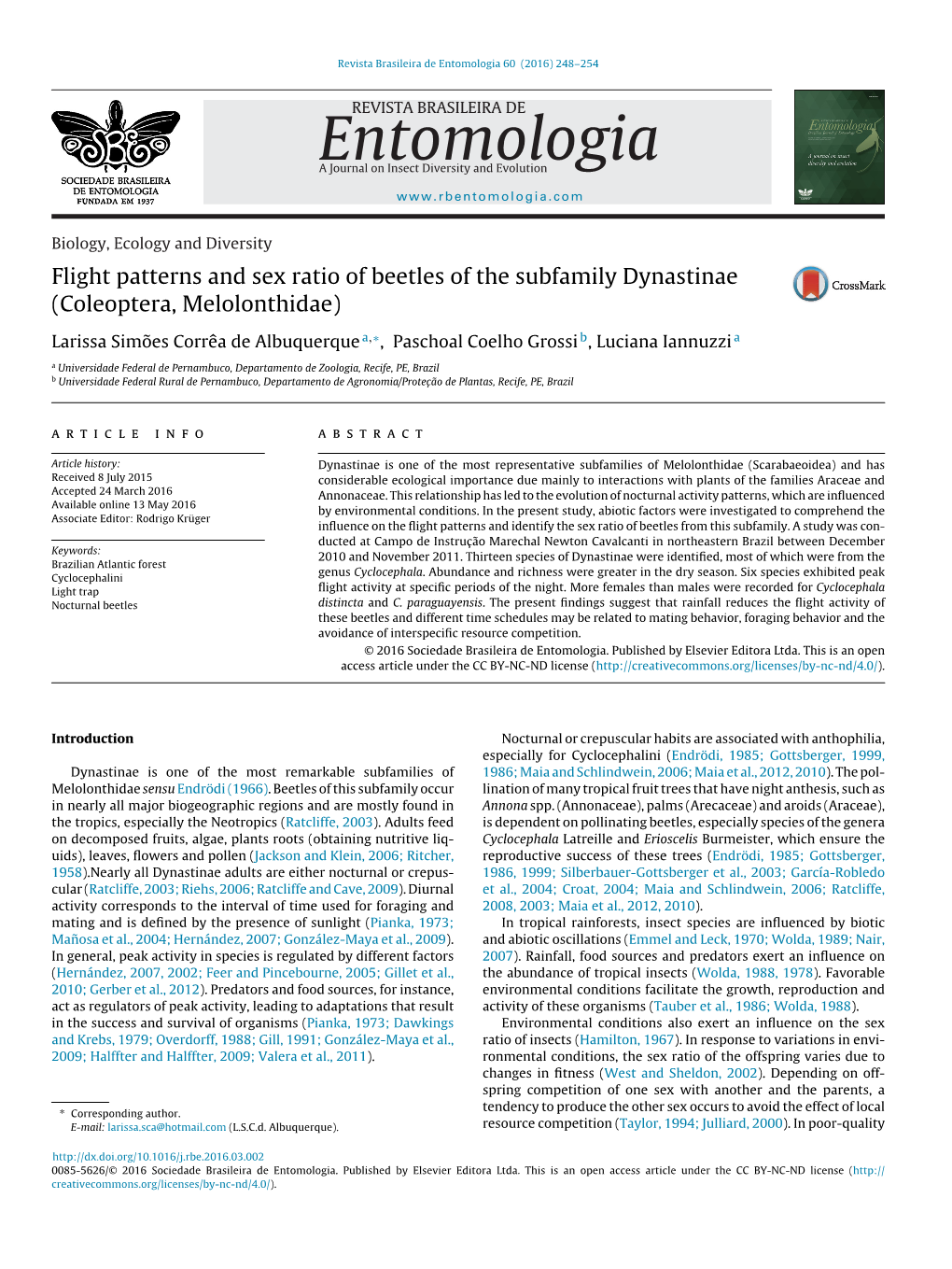 Flight Patterns and Sex Ratio of Beetles of the Subfamily Dynastinae