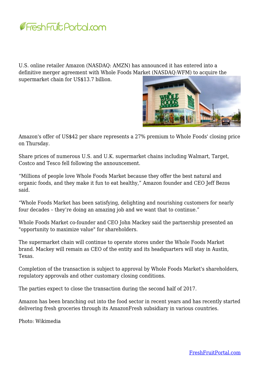 Amazon to Acquire Whole Foods for US$13.7B